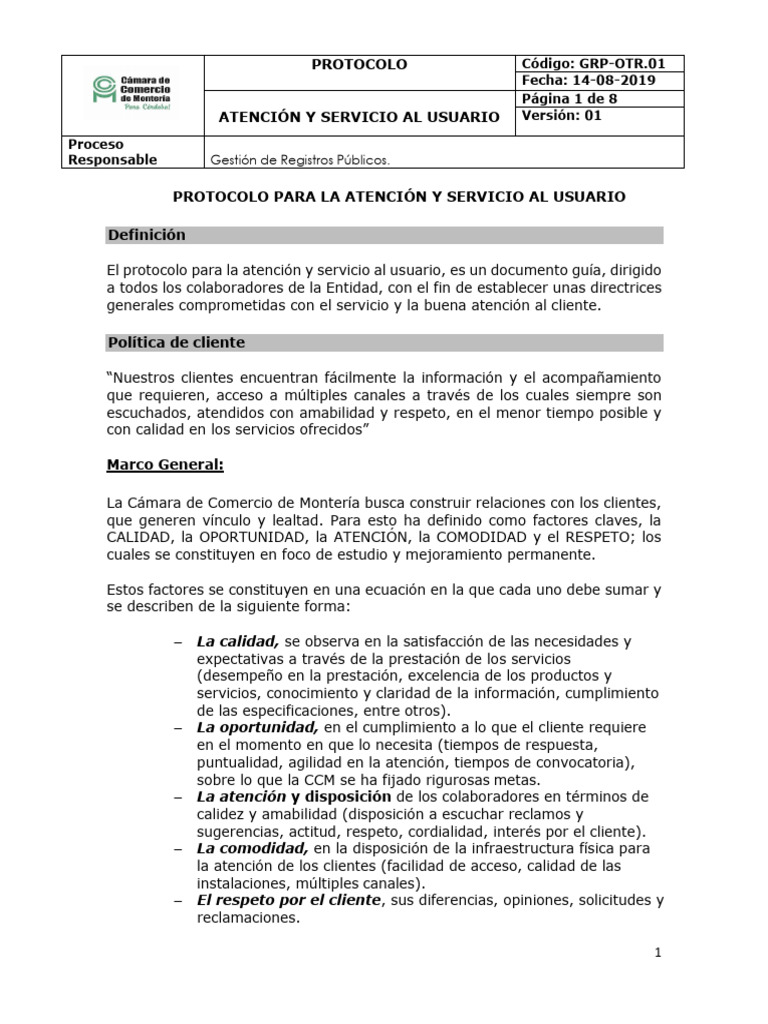 Protocolo de Atencion y Servicio Al Usuario - Ejemplo | PDF | Cliente ...