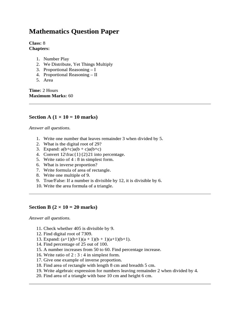 Mathematics Question Paper | PDF | Area | Ratio