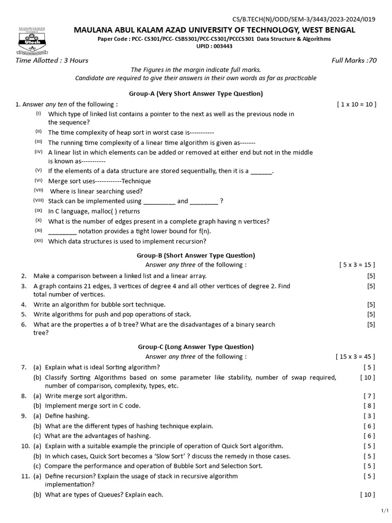 Btech Cse 3 Sem Data Structure and Algorithms PCC Cs301 2024 | PDF ...