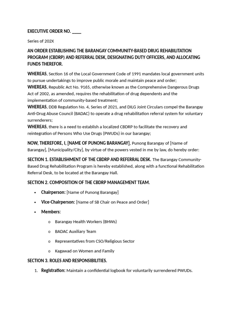 Executive Order No Barangay CBDRP Sample | PDF | Substance Abuse | Justice