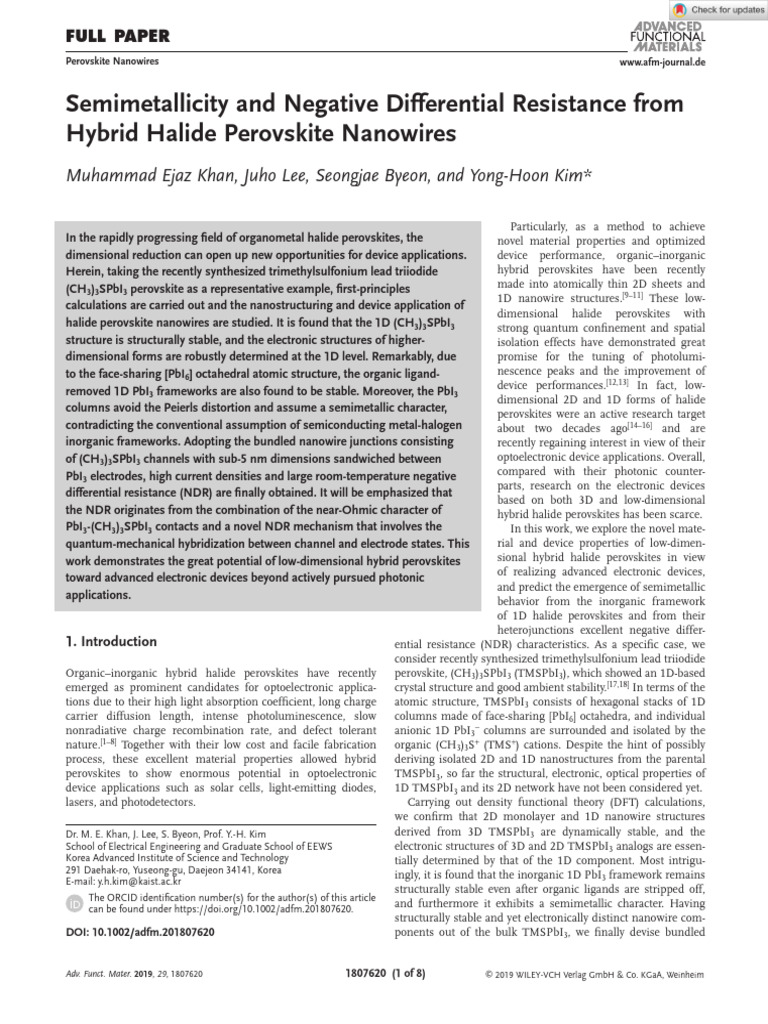 Adv Funct Materials - 2019 - Khan - Semimetallicity and Negative ...