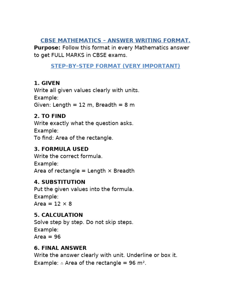 Class 7 CBSE Maths Answer Writing Format | PDF | Area | Length
