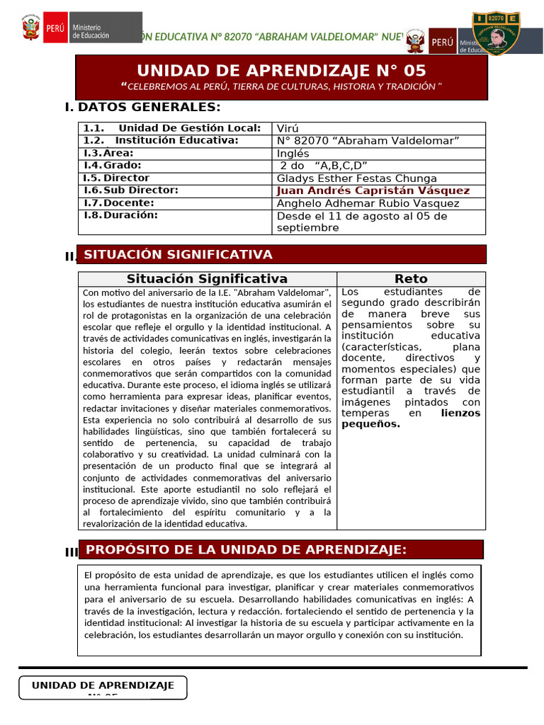 Unidad de Aprendizaje 05 - 2 Grado - Ingles | PDF | Aprendizaje ...