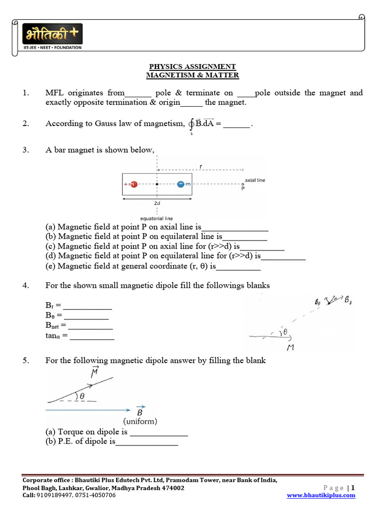 Physics Assignment - Magnetism and Matter | PDF | Magnetic Field | Dipole
