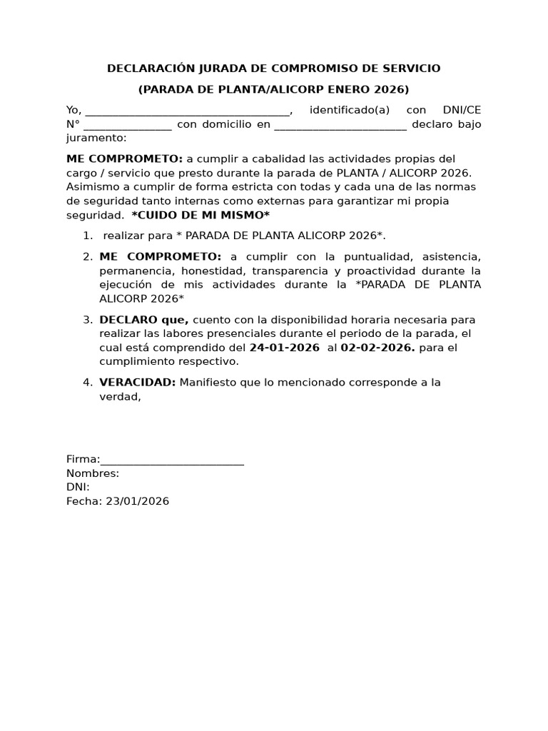 Declaración Jurada de Compromiso de Servicio | PDF