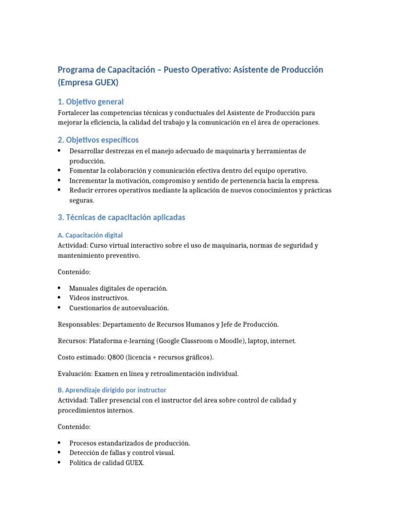 Programa Capacitacion GUEX | PDF | Gestión de recursos humanos | Evaluación