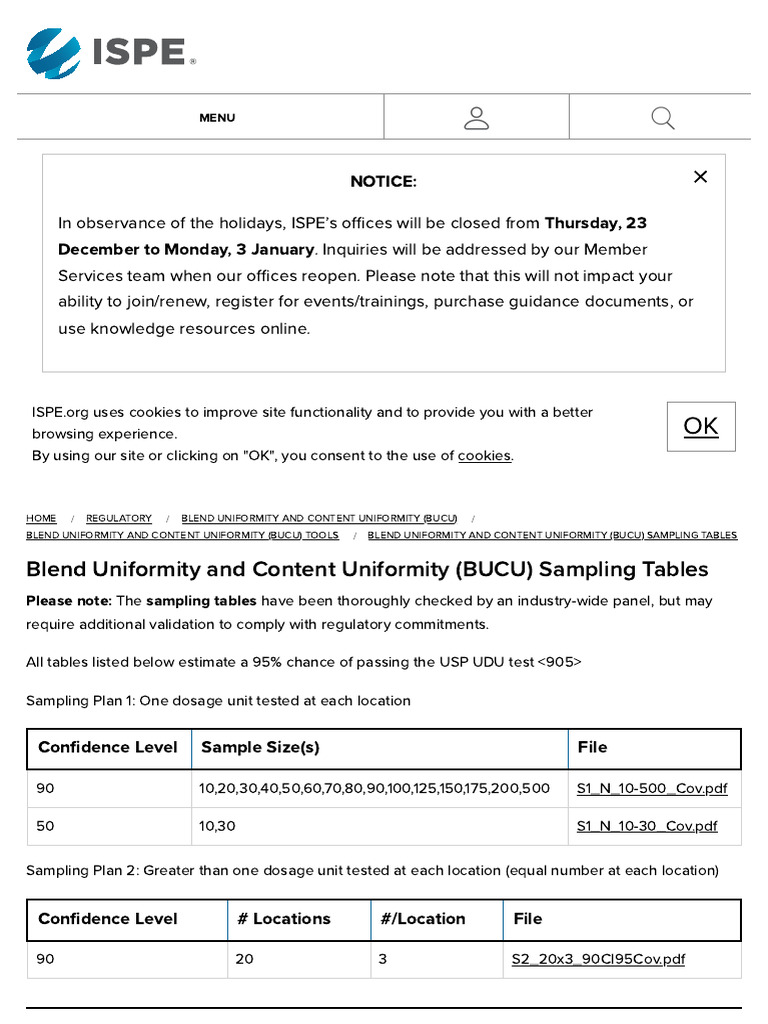 Blend Uniformity and Content Uniformity (BUCU) Sampling Tables | PDF ...