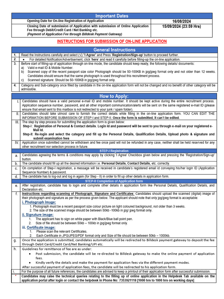 Important Dates: Instructions For Submission of On-Line Application | PDF