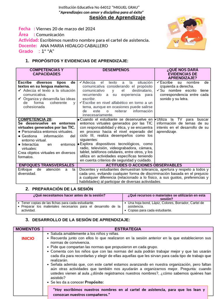 Escribimos Nuestro Nombre en El Cartel de Asistencia | PDF ...