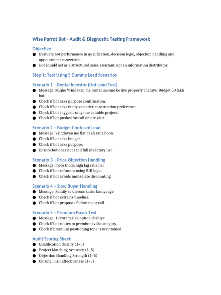 Wise Parrot Bot Audit Testing Framework | PDF