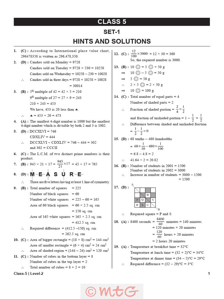 Imo Level2 Solution Class 5 Set 1 | PDF | Length | Elementary Geometry