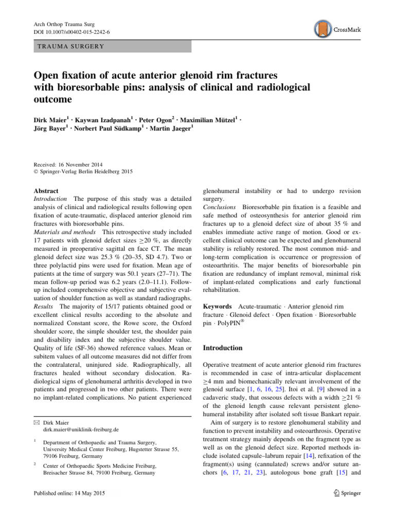 Open Fixation of Acute Anterior Glenoid Rim Fractures With ...