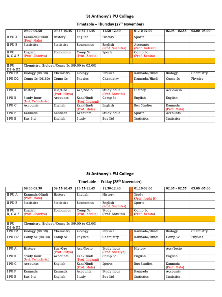 Time Table - Thursday & Friday | PDF
