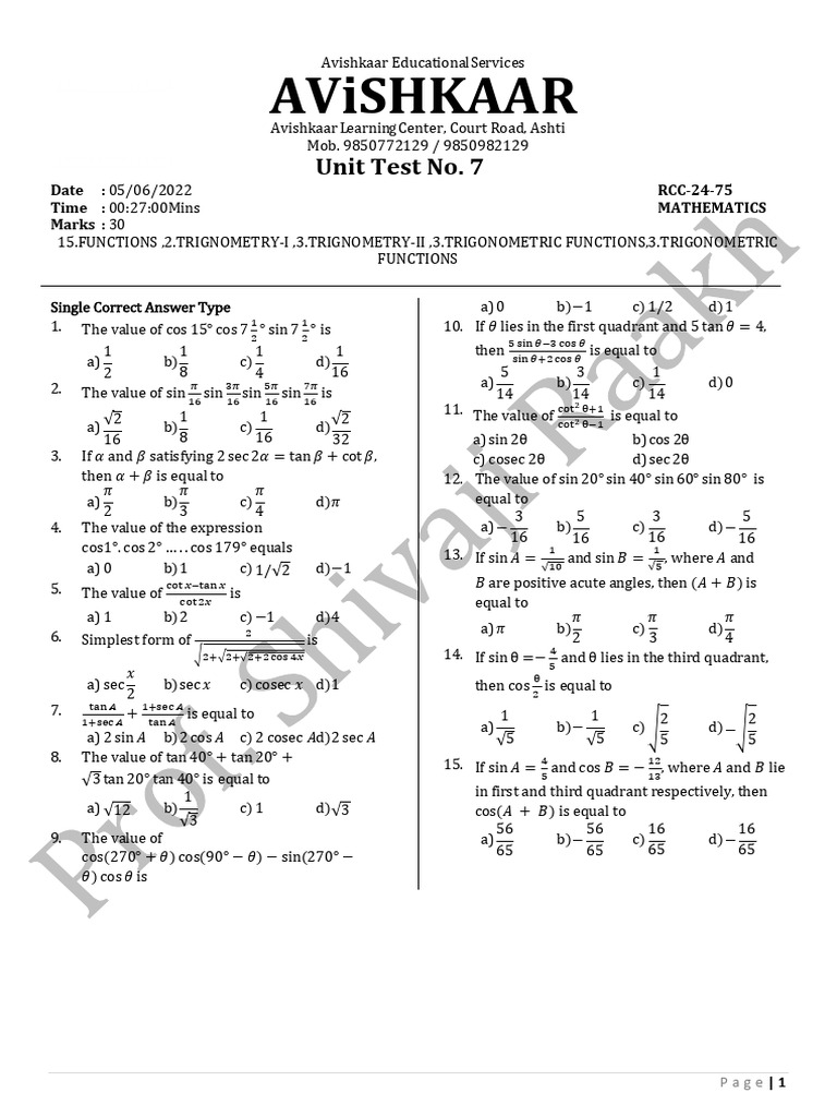 Test No. 3 - Rcc-24-75-Mathematics - 11th Trigno1 | PDF | Euclidean ...