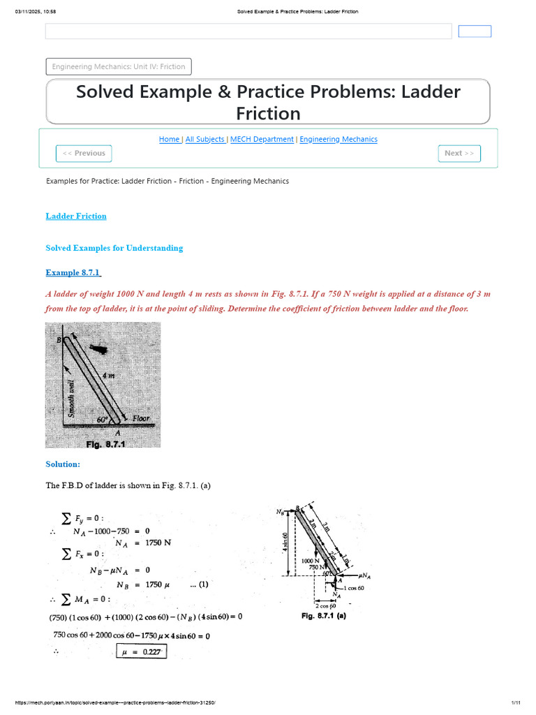 Solved Example & Practice Problems - Ladder Friction | PDF | Friction ...