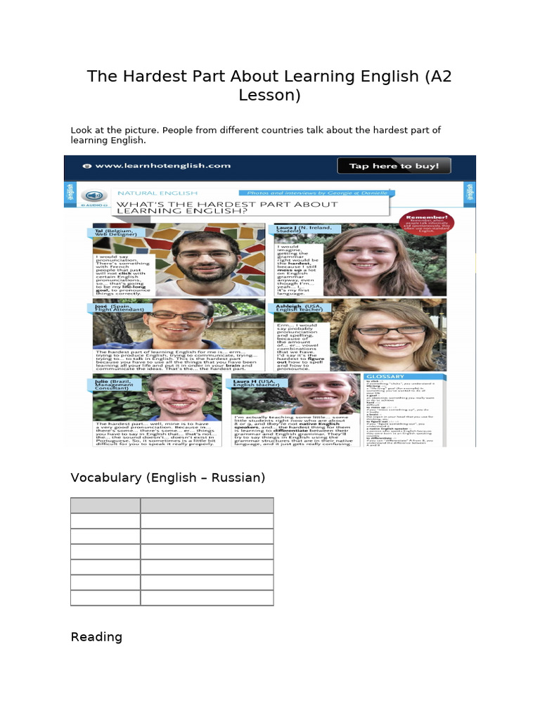 Learning English A2 Lesson Student | PDF