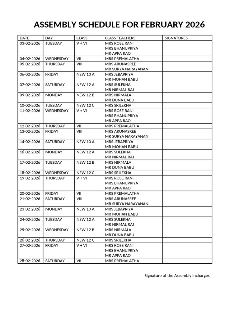 Assembly Schedule For February 2026 | PDF