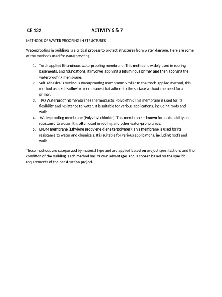 Activity 6 7 Methods of Water Proofing in Structures | PDF