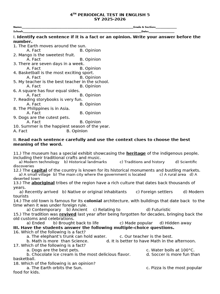 4th Periodical Test in English 5 | PDF