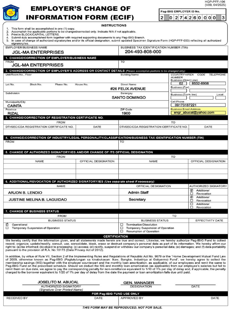 PFF106 EmployersChangeInformationForm V09-1 | PDF