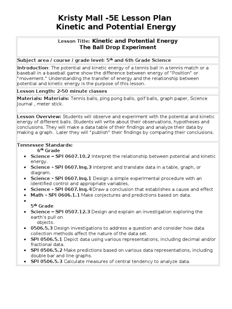Kristy Mall Potential and Energy Lesson PDF Experiment