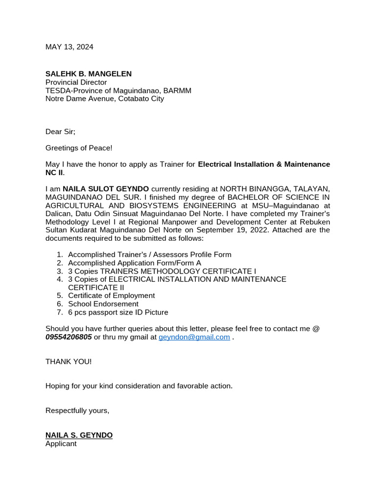 Letter of Intent For TESDA - 082059 | PDF