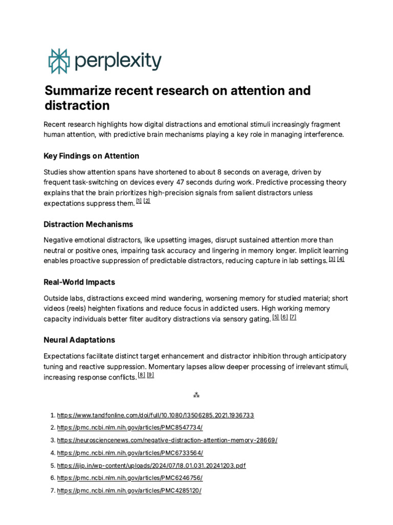 Summarize Recent Research On Attention and Distrac | PDF