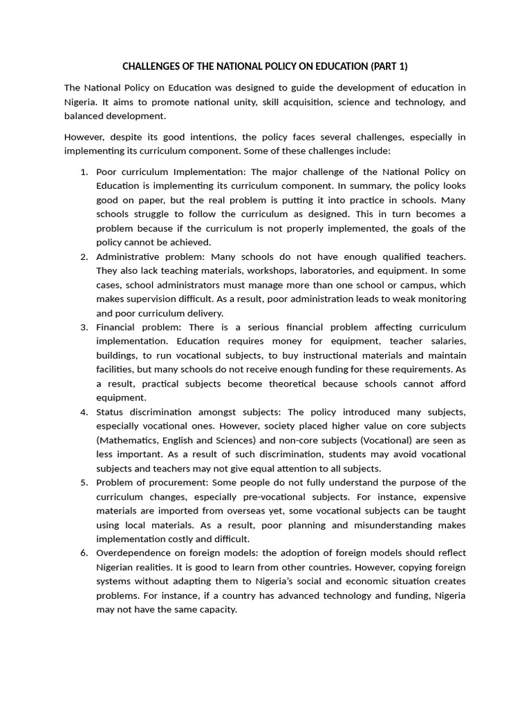 Challenges of The National Policy On Education Part 1 | PDF ...