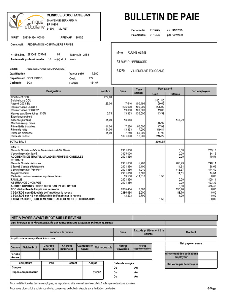 Bulletin de Salaire 12 2025 | PDF | Impôt sur le revenu | Salaires