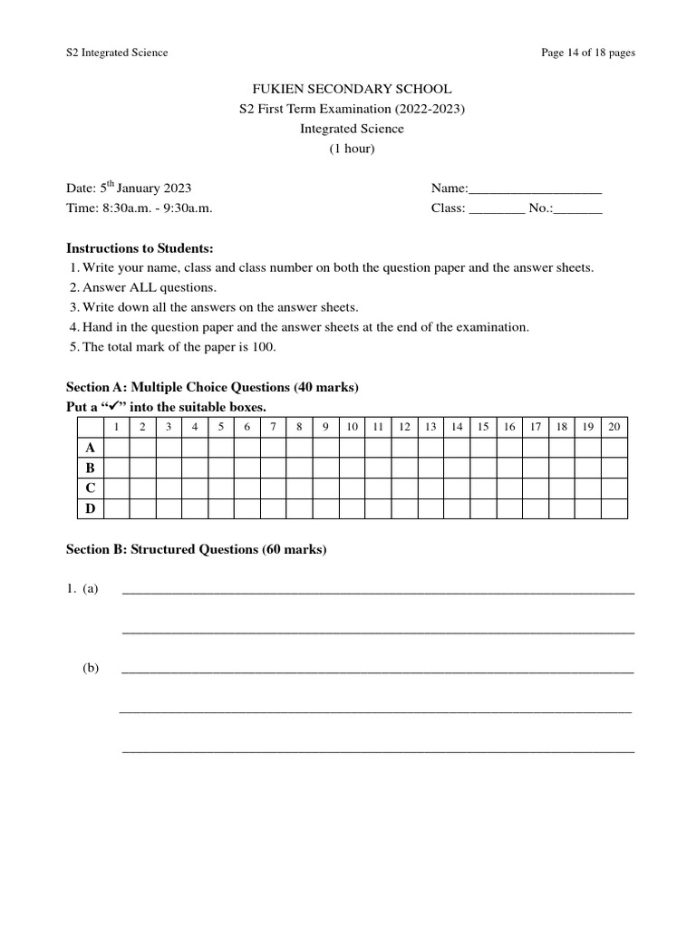 2022-2023 Is S2 1st Exam New (EMI) - Answer Sheet | PDF | Chess Theory ...