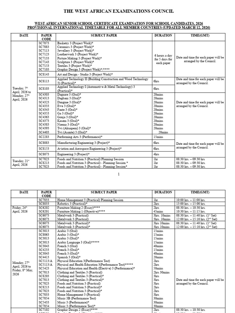 Provisional International Timetable For Wassce (SC) 2026 - Updated ...