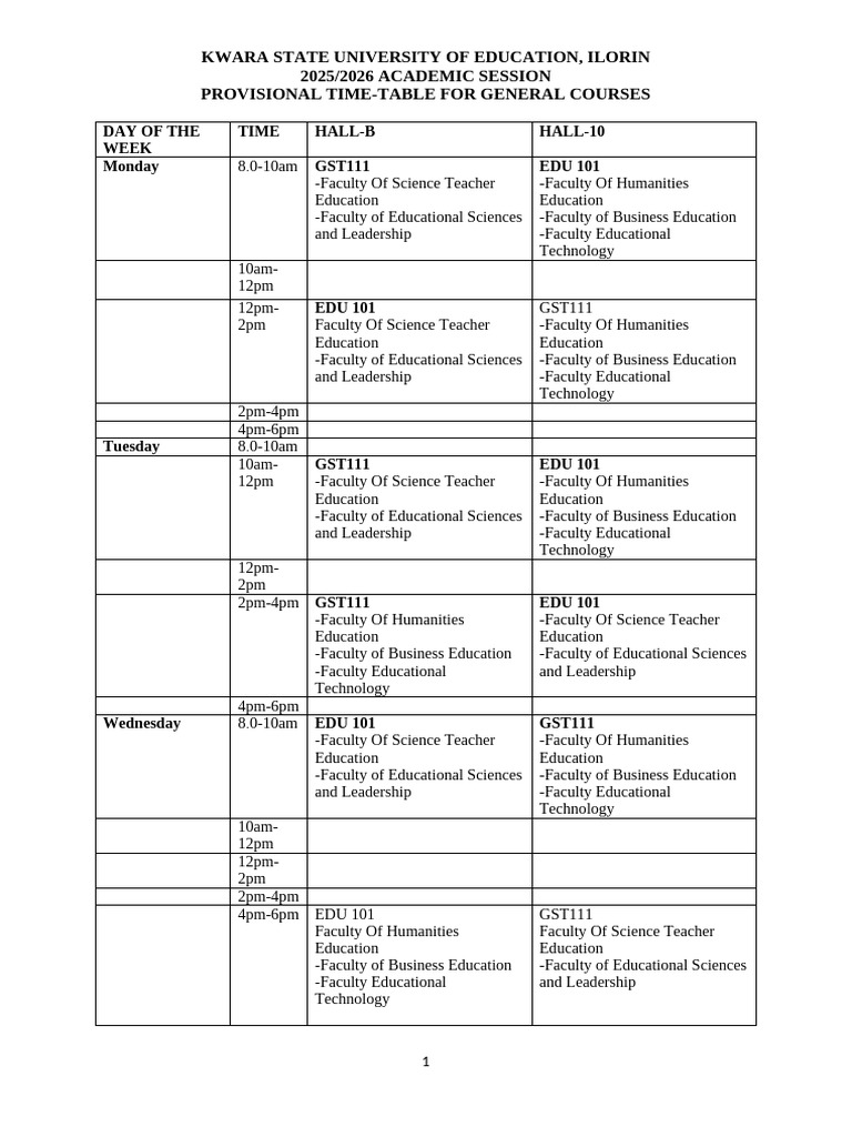 General Time Table | PDF