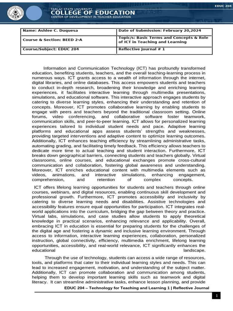 Reflective Journal 1 | PDF | Educational Technology | Learning