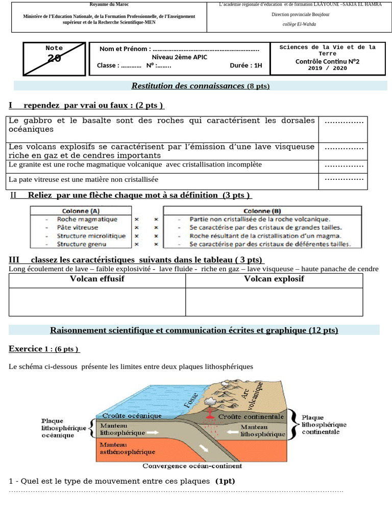 Devoir N2 Semestre 1 SVT 2AC Modele Word 1 | PDF | Lave | Volcan