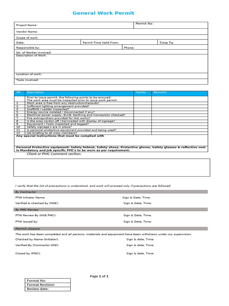 T&T General Work Permit 1 | PDF | Personal Protective Equipment | Workplace