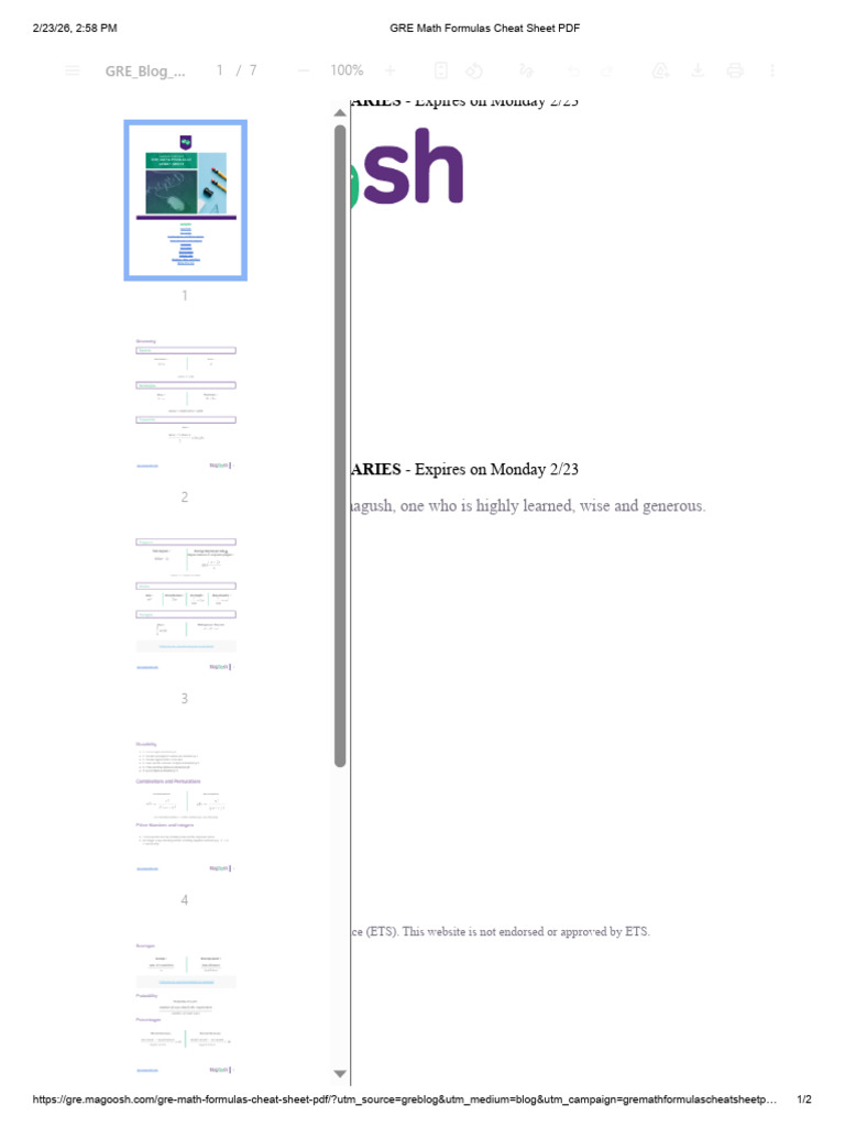 GRE Math Formulas Cheat Sheet PDF | PDF