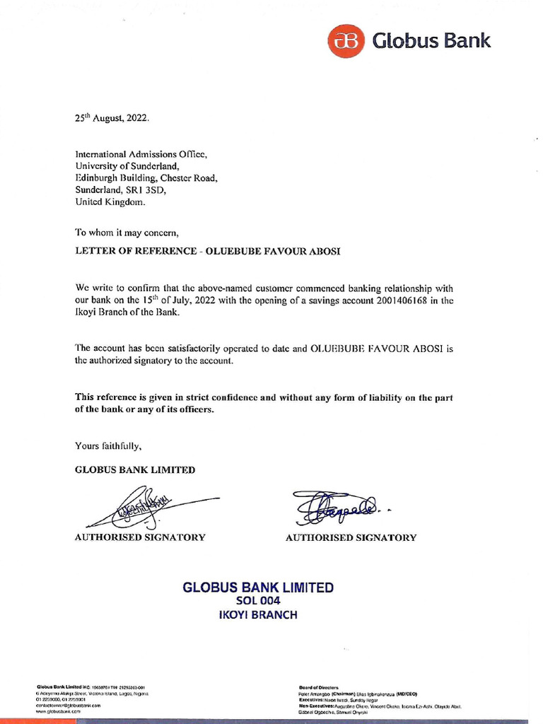 Letter of Reference - Oluebube Favour Abosi | PDF