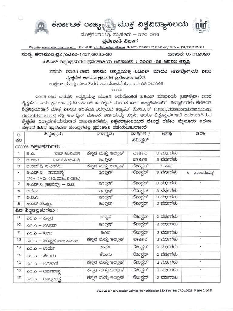 2025-26 January Cycle Admission Notification | PDF