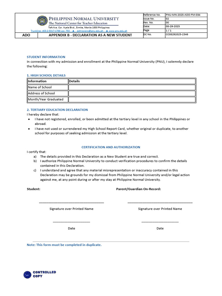 APPENDIX B - Declaration As A New Student | PDF