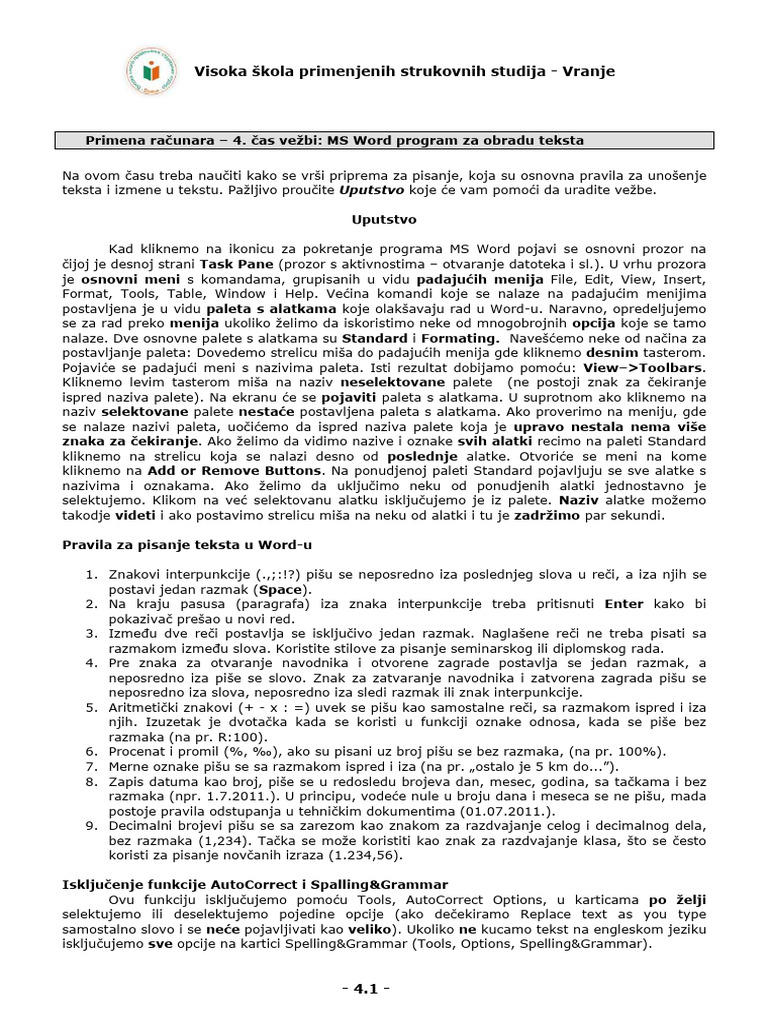 Primena Racunara - Vezba 4 - MS Word Program Za Obradu Teksta | PDF