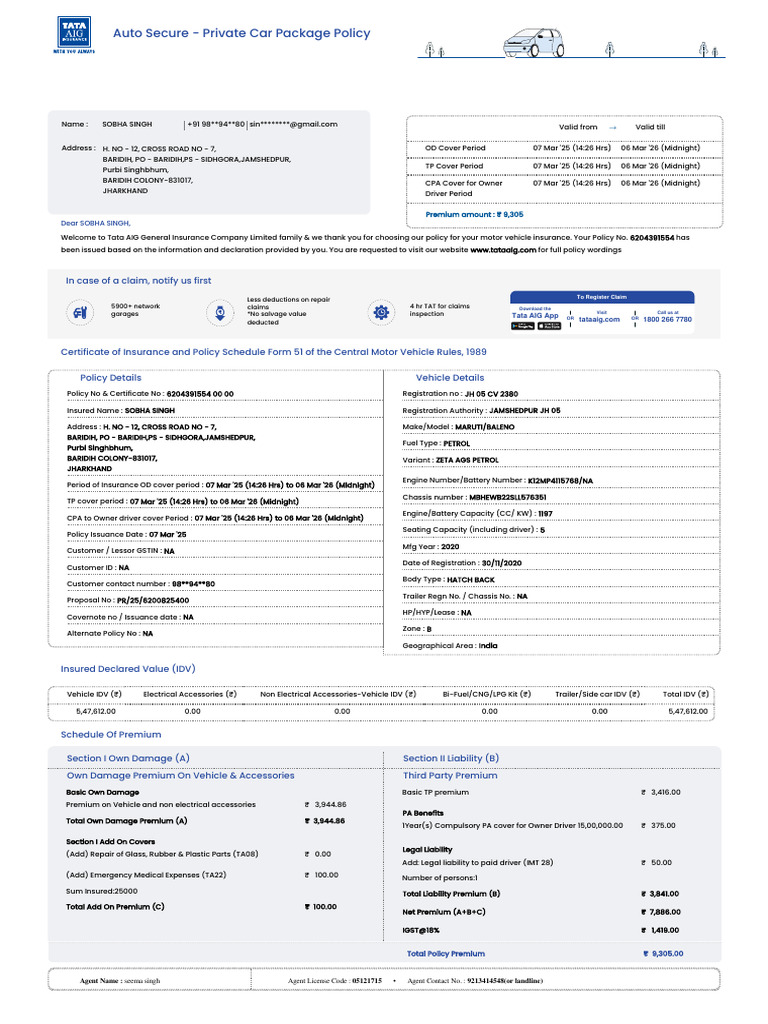 Tata AIG Motor Policy Schedule 3184 6204391554 | PDF | Insurance ...
