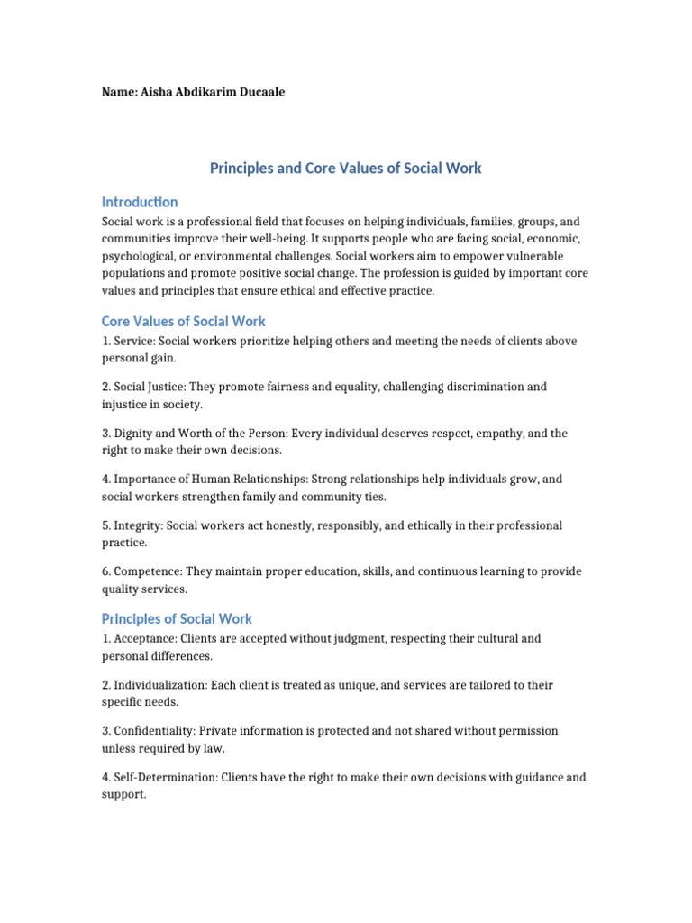 Principles and Core Values of Social Work Aisha Abdikarim Ducaale | PDF