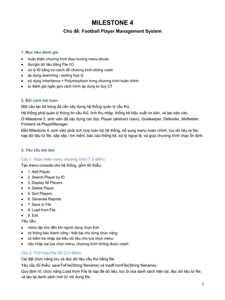 Milestone 4: Chủ đề: Football Player Management System | PDF