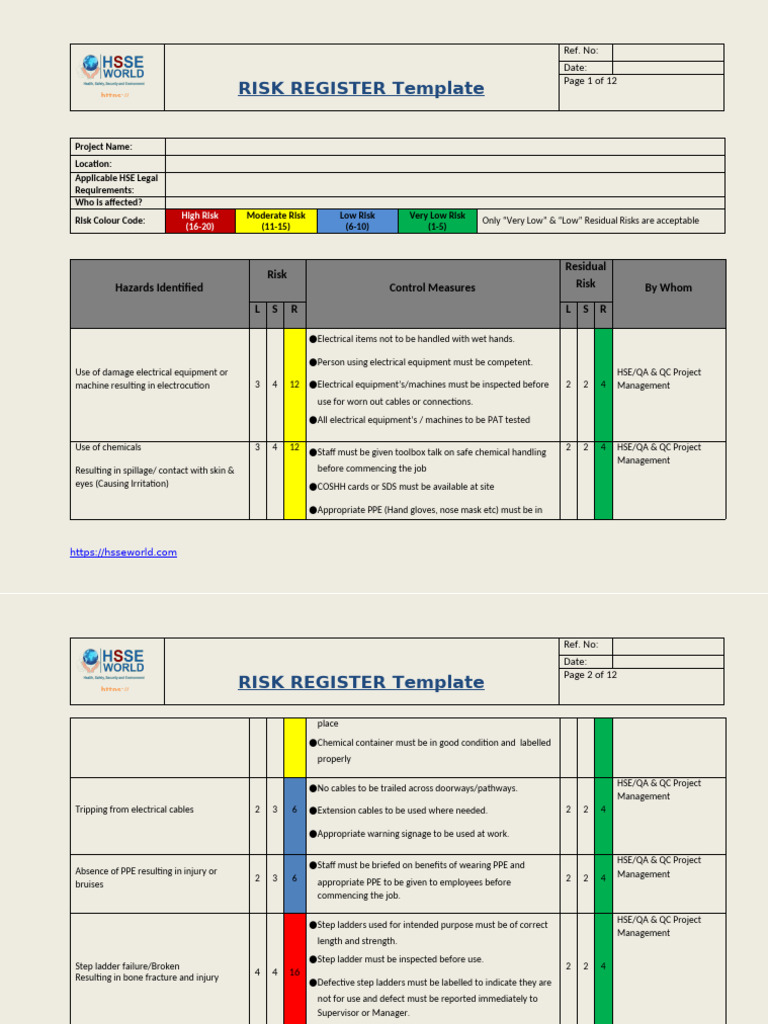 HSE Risk Register (1) | PDF | Ladder | Dangerous Goods