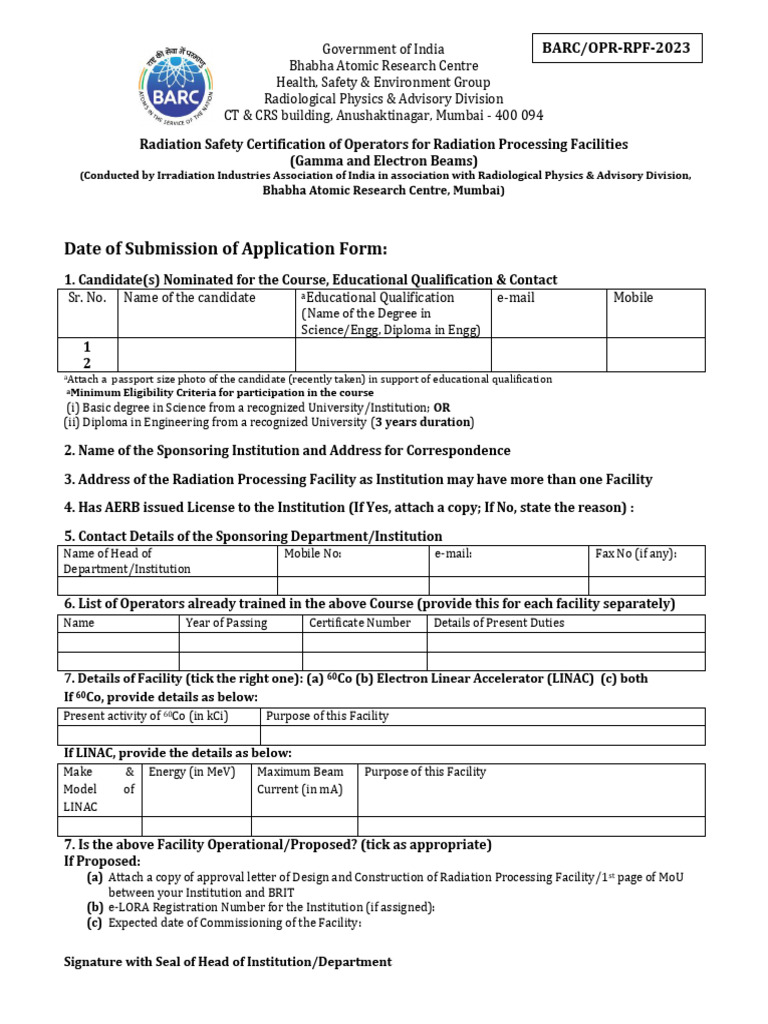 RPAD IIAI Operators RPF Course Application Form | PDF | Radiation