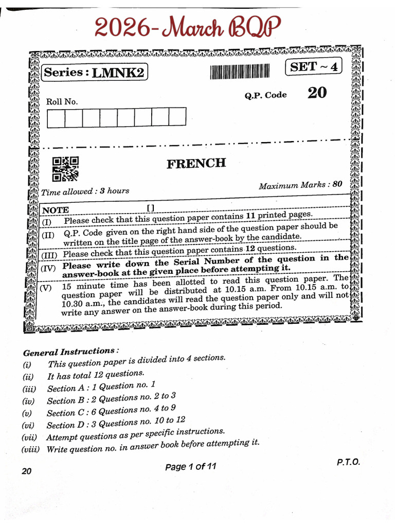 STD X - French Cbse Board Question Paper-2026 | PDF