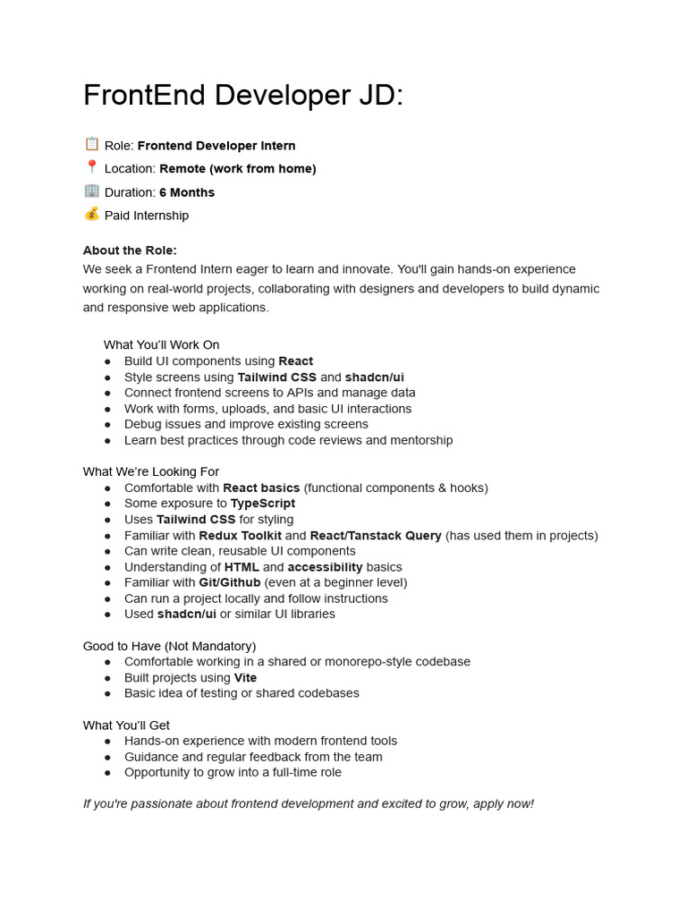 FrontEnd Developer JD - CA Monk | PDF