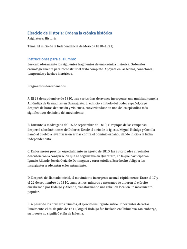 Ejercicio Historia Ordena Cronica | PDF