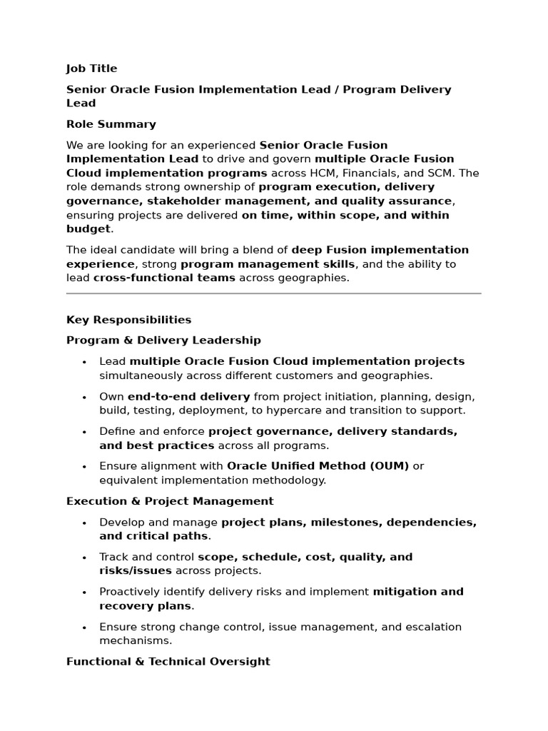 Oracle Fusion Implementation Lead | PDF | Cloud Computing | Supply ...