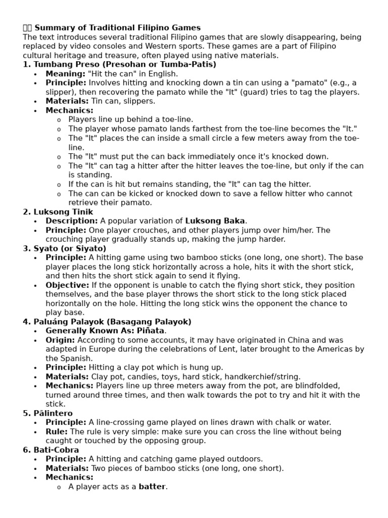 ?? Summary of Traditional Filipino Games | PDF